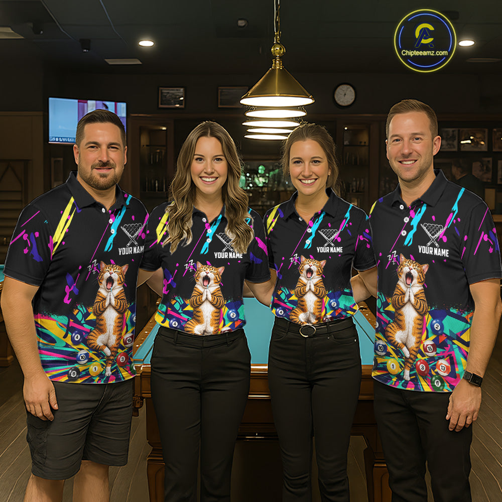 Matching team wearing colorful Funny Cat billiard jerseys with personalized names, billiard league uniforms, custom club apparel.
