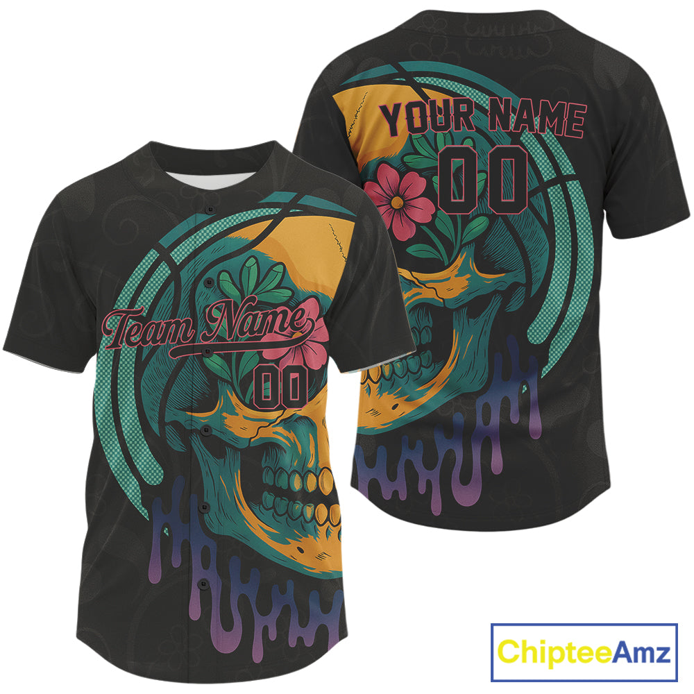 Custom Colorful Skull Flower Baseball Halloween Shirt For Men Outfits Baseball Jerseys NYN1470