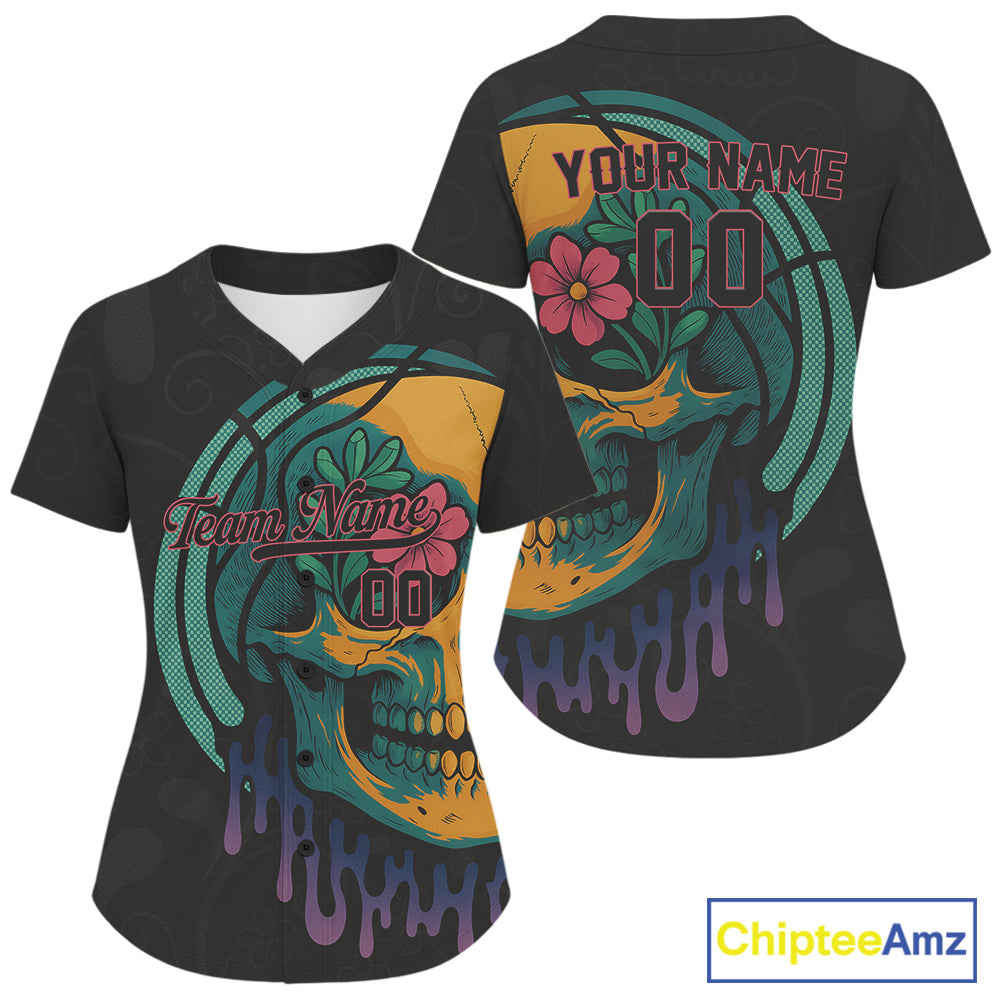 Custom Colorful Skull Flower Baseball Halloween Shirt For Women Outfits Baseball Jerseys NYN1470