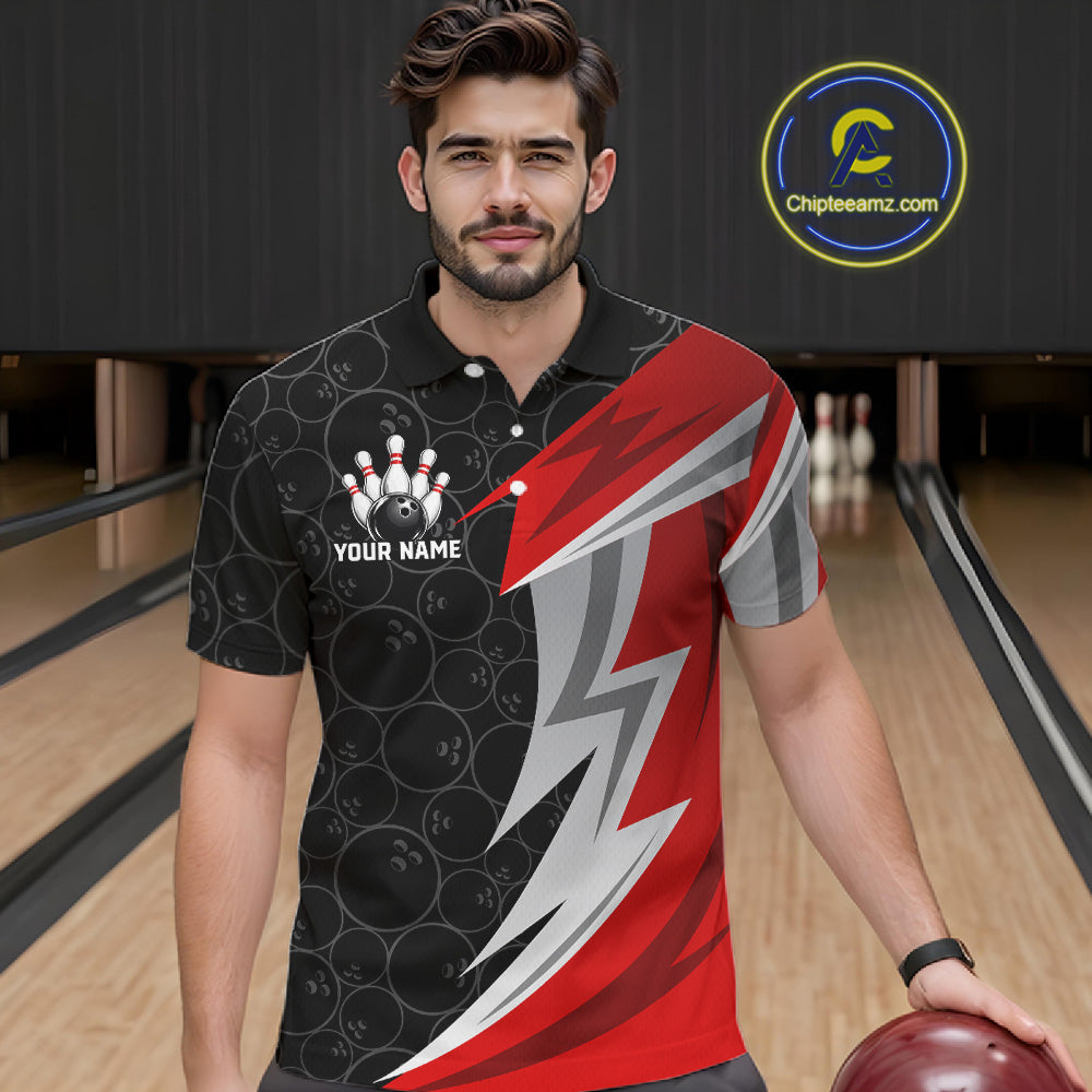 Red And Black Bowling Polo 1/4-Zip Shirt For Men Custom Name Bowling Team Jersey Bowler Gift NYN4546