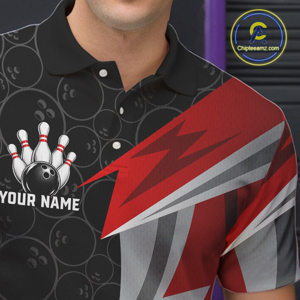 Red And Black Bowling Polo 1/4-Zip Shirt For Men Custom Name Bowling Team Jersey Bowler Gift NYN4546