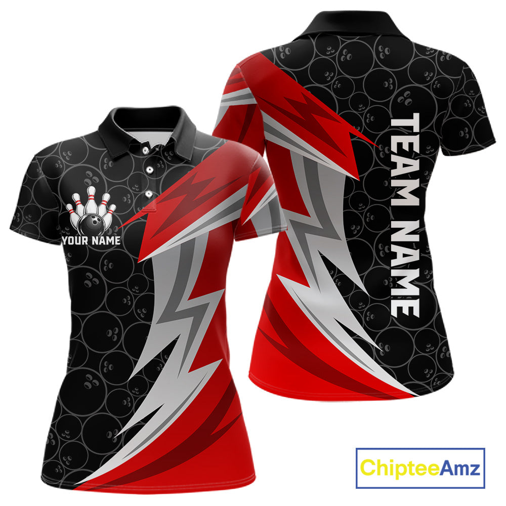 Red And Black Bowling Polo 1/4-Zip Shirt For Women Custom Name Bowling Team Jersey Bowler Gift NYN4546