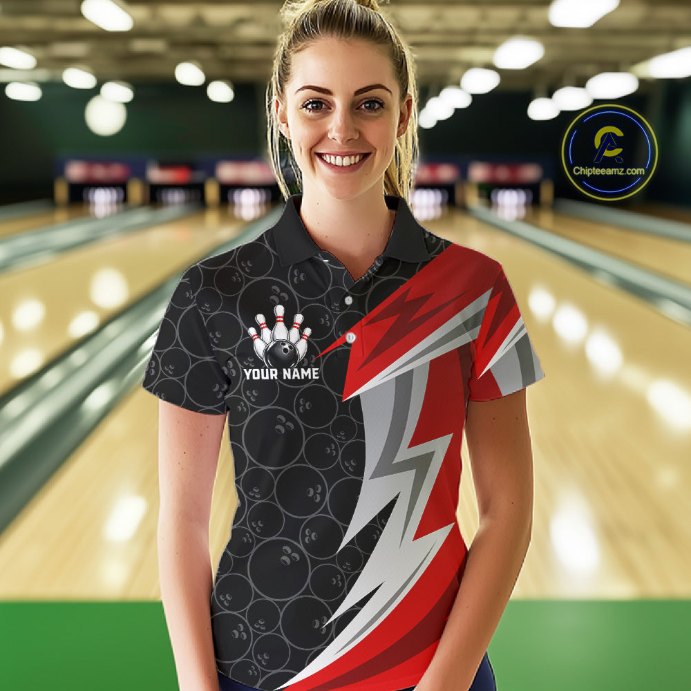 Red And Black Bowling Polo 1/4-Zip Shirt For Women Custom Name Bowling Team Jersey Bowler Gift NYN4546