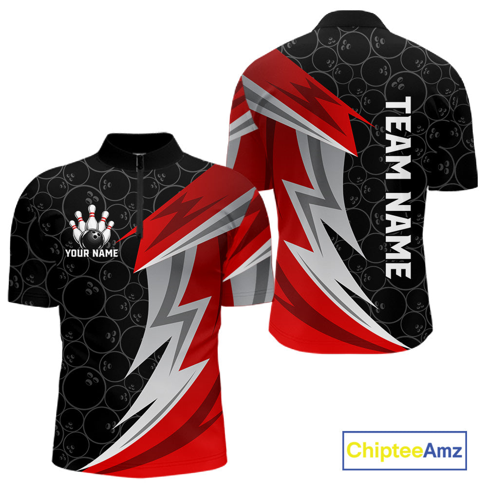 Red And Black Bowling Polo 1/4-Zip Shirt For Men Custom Name Bowling Team Jersey Bowler Gift NYN4546