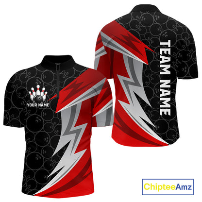 Red And Black Bowling Polo 1/4-Zip Shirt For Men Custom Name Bowling Team Jersey Bowler Gift NYN4546