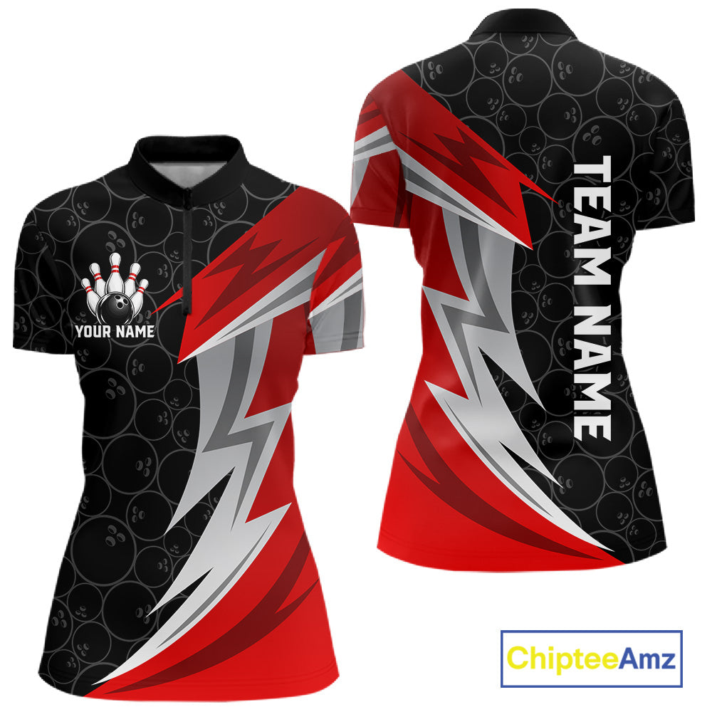 Red And Black Bowling Polo 1/4-Zip Shirt For Women Custom Name Bowling Team Jersey Bowler Gift NYN4546