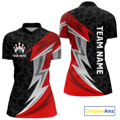Red And Black Bowling Polo 1/4-Zip Shirt For Women Custom Name Bowling Team Jersey Bowler Gift NYN4546