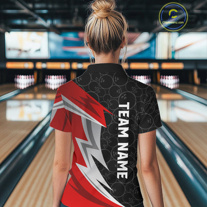 Red And Black Bowling Polo 1/4-Zip Shirt For Women Custom Name Bowling Team Jersey Bowler Gift NYN4546