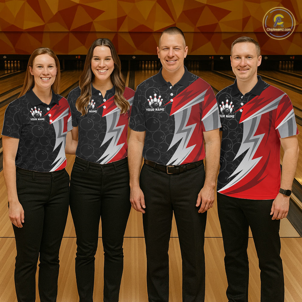 Red And Black Bowling Polo 1/4-Zip Shirt For Men Custom Name Bowling Team Jersey Bowler Gift NYN4546