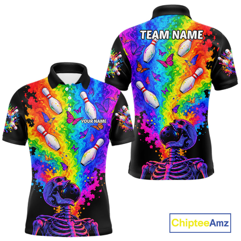 Custom Psychedelic Skeleton Bowling Polo 1/4-Zip For Men Colorful Butterfly Bowler Team Jersey NYN4549