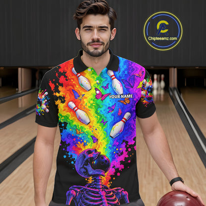 Custom Psychedelic Skeleton Bowling Polo 1/4-Zip For Men Colorful Butterfly Bowler Team Jersey NYN4549