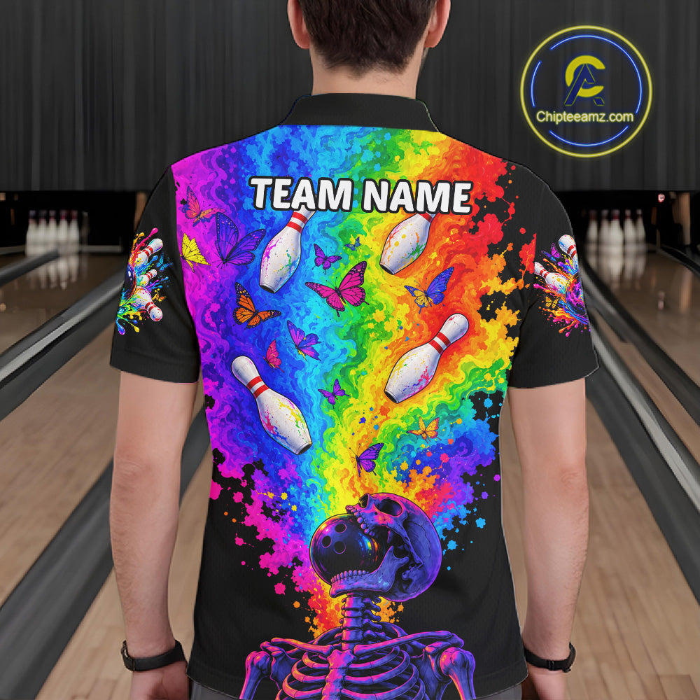 Custom Psychedelic Skeleton Bowling Polo 1/4-Zip For Men Colorful Butterfly Bowler Team Jersey NYN4549