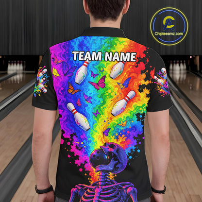 Custom Psychedelic Skeleton Bowling Polo 1/4-Zip For Men Colorful Butterfly Bowler Team Jersey NYN4549