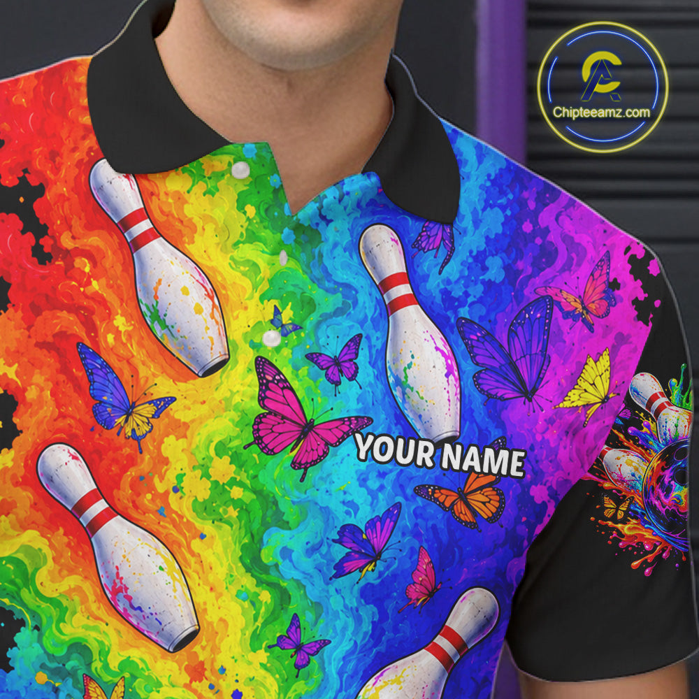 Custom Psychedelic Skeleton Bowling Polo 1/4-Zip For Men Colorful Butterfly Bowler Team Jersey NYN4549
