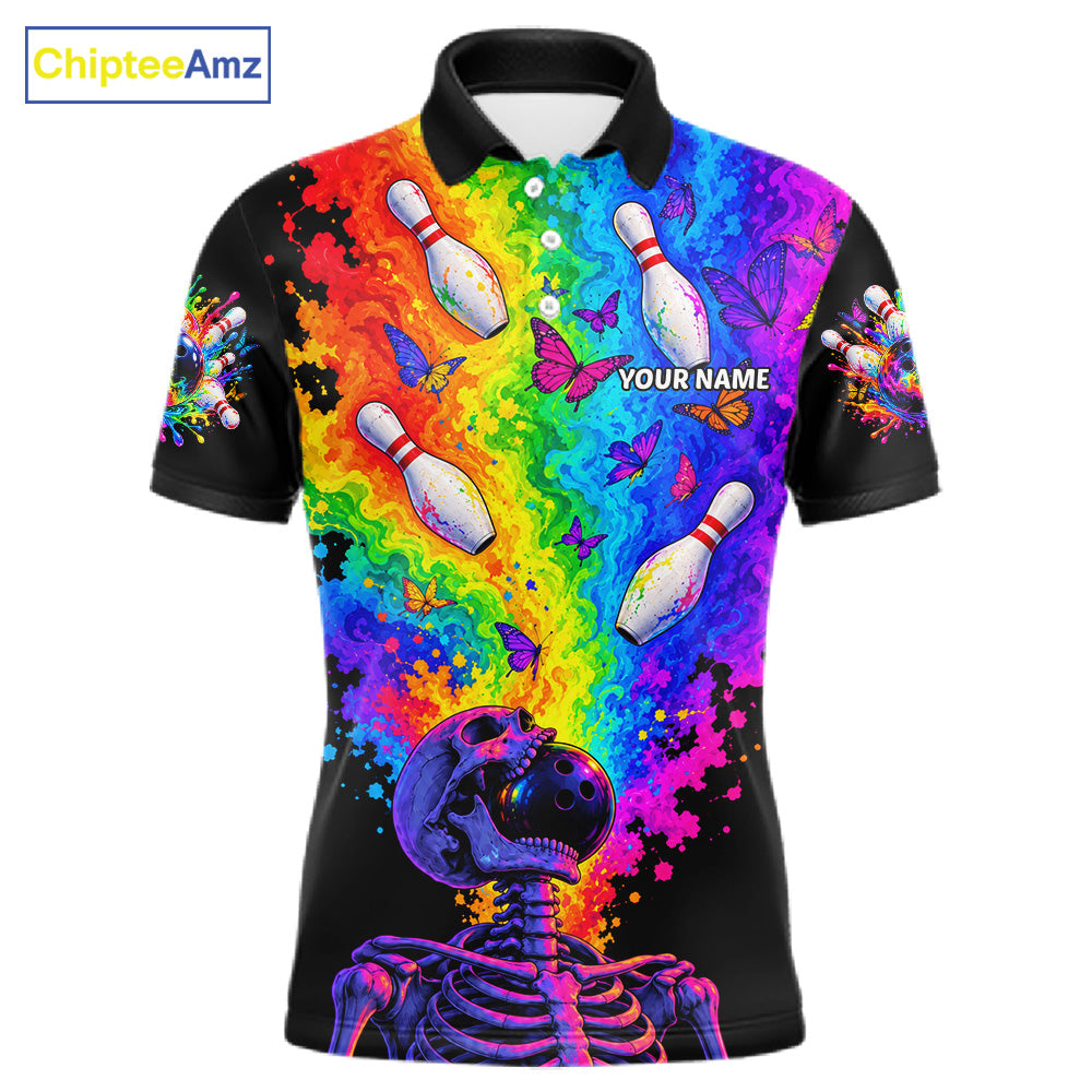 Custom Psychedelic Skeleton Bowling Polo 1/4-Zip For Men Colorful Butterfly Bowler Team Jersey NYN4549