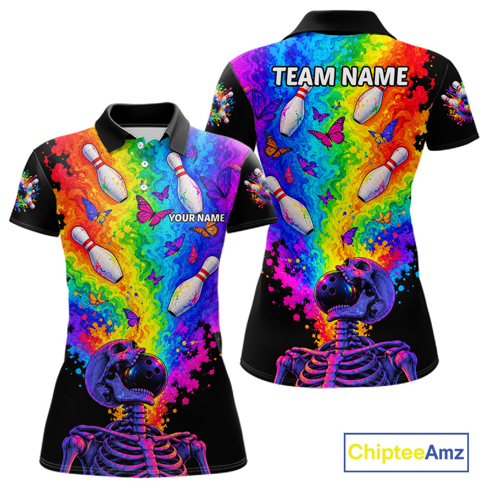 Custom Psychedelic Skeleton Bowling Polo 1/4-Zip For Women Colorful Butterfly Bowler Team Jersey NYN4549