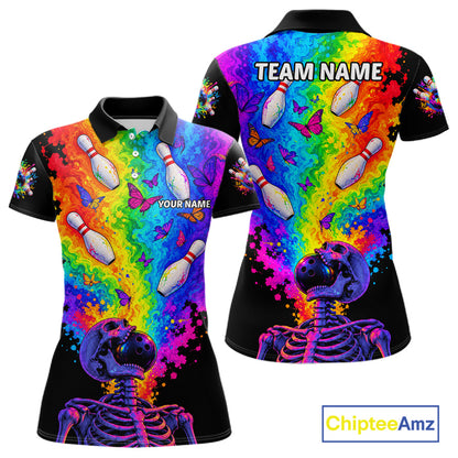 Custom Psychedelic Skeleton Bowling Polo 1/4-Zip For Women Colorful Butterfly Bowler Team Jersey NYN4549