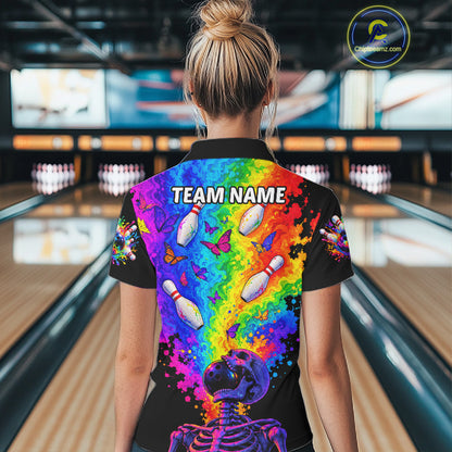 Custom Psychedelic Skeleton Bowling Polo 1/4-Zip For Women Colorful Butterfly Bowler Team Jersey NYN4549