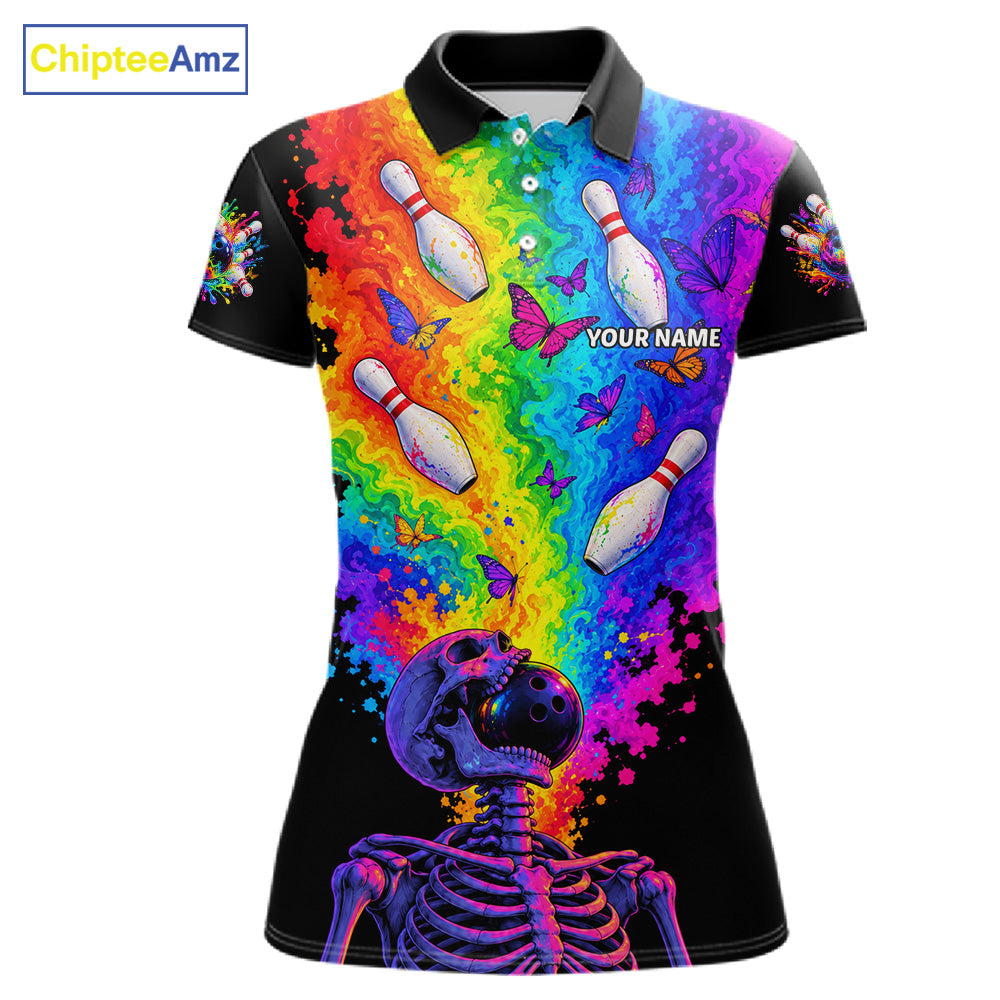 Custom Psychedelic Skeleton Bowling Polo 1/4-Zip For Women Colorful Butterfly Bowler Team Jersey NYN4549