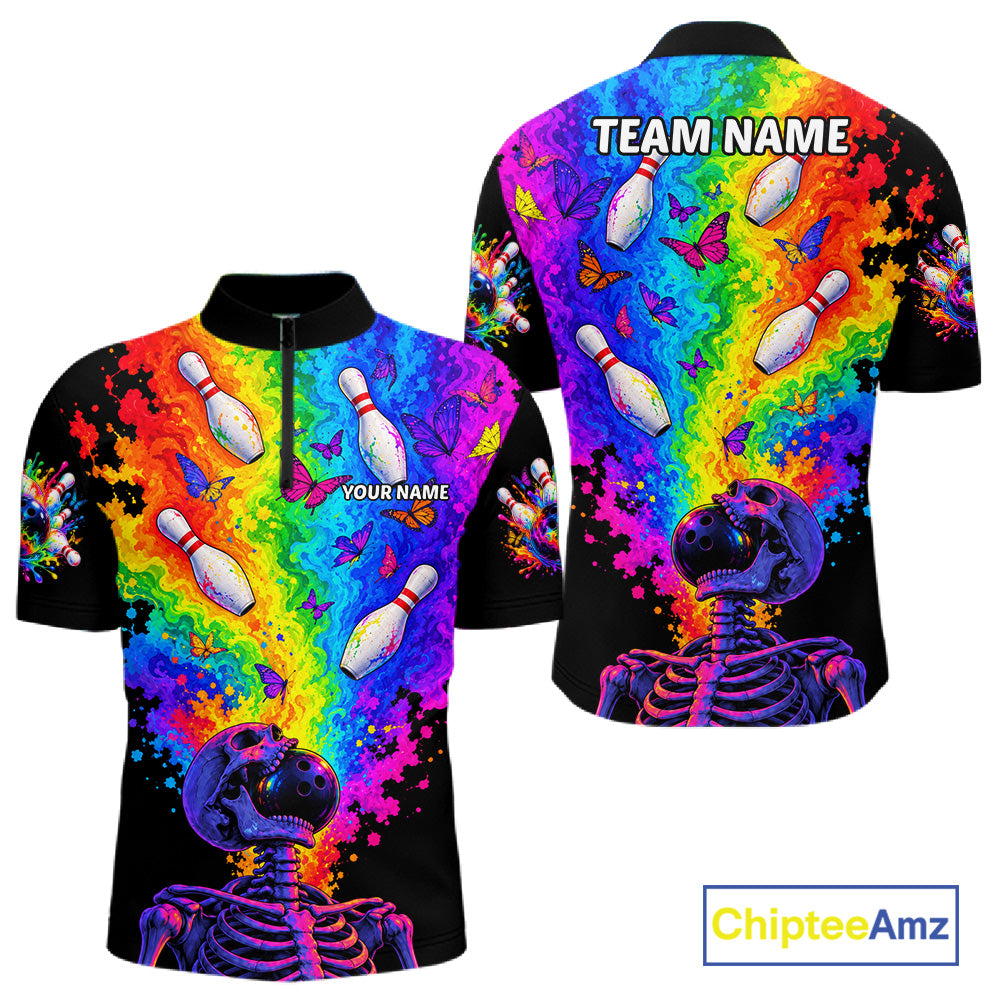 Custom Psychedelic Skeleton Bowling Polo 1/4-Zip For Men Colorful Butterfly Bowler Team Jersey NYN4549