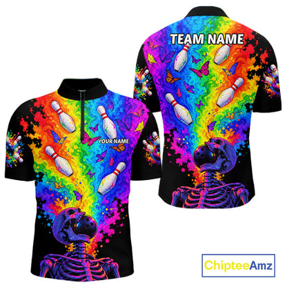 Custom Psychedelic Skeleton Bowling Polo 1/4-Zip For Men Colorful Butterfly Bowler Team Jersey NYN4549