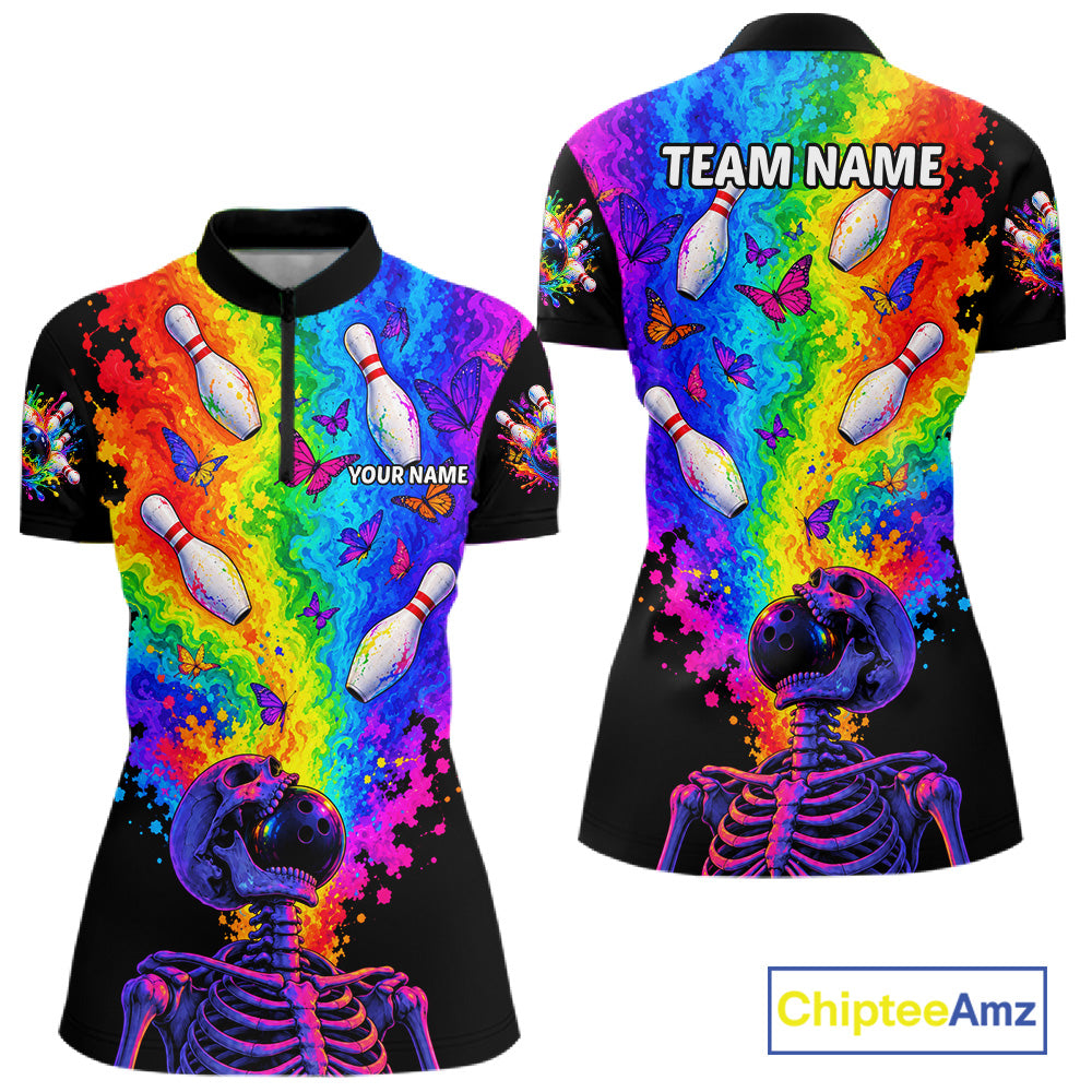 Custom Psychedelic Skeleton Bowling Polo 1/4-Zip For Women Colorful Butterfly Bowler Team Jersey NYN4549