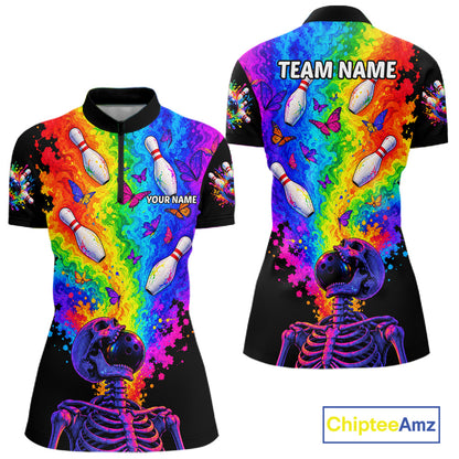 Custom Psychedelic Skeleton Bowling Polo 1/4-Zip For Women Colorful Butterfly Bowler Team Jersey NYN4549