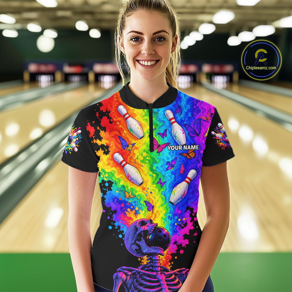 Custom Psychedelic Skeleton Bowling Polo 1/4-Zip For Women Colorful Butterfly Bowler Team Jersey NYN4549