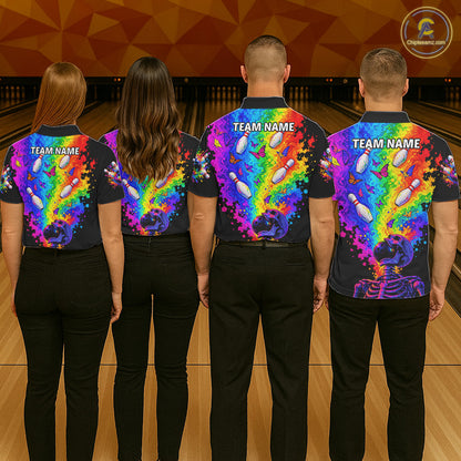 Custom Psychedelic Skeleton Bowling Polo 1/4-Zip For Men Colorful Butterfly Bowler Team Jersey NYN4549