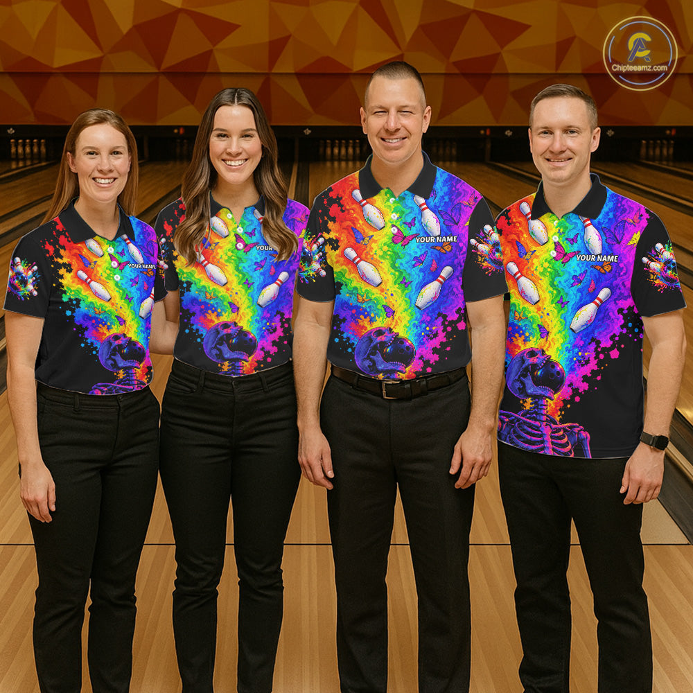 Custom Psychedelic Skeleton Bowling Polo 1/4-Zip For Men Colorful Butterfly Bowler Team Jersey NYN4549