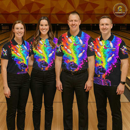 Custom Psychedelic Skeleton Bowling Polo 1/4-Zip For Men Colorful Butterfly Bowler Team Jersey NYN4549
