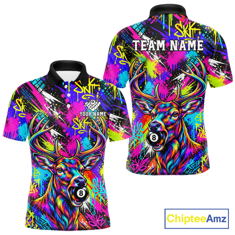 Custom Neon Graffiti Deer Funny Billiard Polo 1/4-Zip Shirt For Men Colorful 8 Ball Pool Team Jersey NYN4557