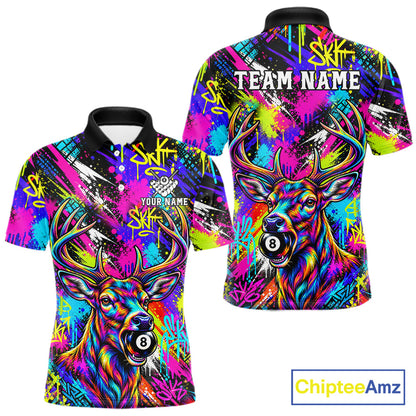 Custom Neon Graffiti Deer Funny Billiard Polo 1/4-Zip Shirt For Men Colorful 8 Ball Pool Team Jersey NYN4557