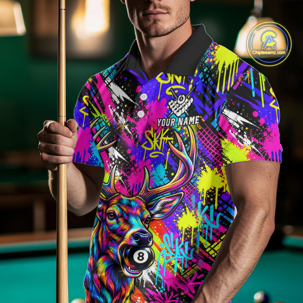Custom Neon Graffiti Deer Funny Billiard Polo 1/4-Zip Shirt For Men Colorful 8 Ball Pool Team Jersey NYN4557