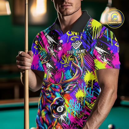 Custom Neon Graffiti Deer Funny Billiard Polo 1/4-Zip Shirt For Men Colorful 8 Ball Pool Team Jersey NYN4557