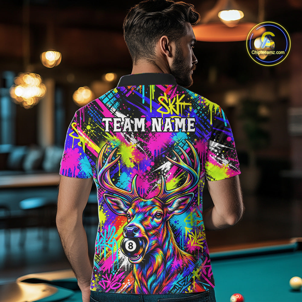 Custom Neon Graffiti Deer Funny Billiard Polo 1/4-Zip Shirt For Men Colorful 8 Ball Pool Team Jersey NYN4557