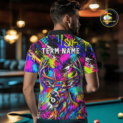 Custom Neon Graffiti Deer Funny Billiard Polo 1/4-Zip Shirt For Men Colorful 8 Ball Pool Team Jersey NYN4557