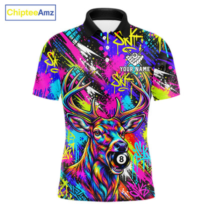 Custom Neon Graffiti Deer Funny Billiard Polo 1/4-Zip Shirt For Men Colorful 8 Ball Pool Team Jersey NYN4557