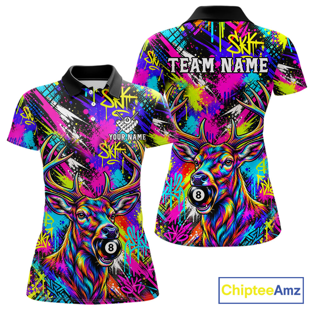 Custom Neon Graffiti Deer Funny Billiard Polo 1/4-Zip Shirt For Women Colorful 8 Ball Pool Team Jersey NYN4557