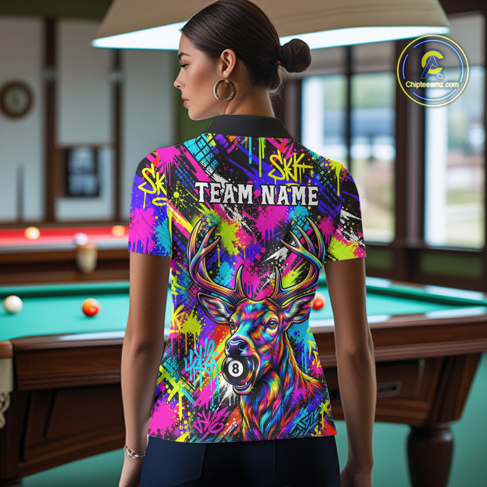 Custom Neon Graffiti Deer Funny Billiard Polo 1/4-Zip Shirt For Women Colorful 8 Ball Pool Team Jersey NYN4557