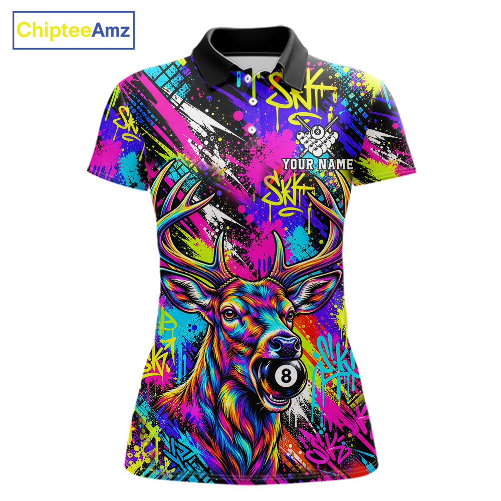 Custom Neon Graffiti Deer Funny Billiard Polo 1/4-Zip Shirt For Women Colorful 8 Ball Pool Team Jersey NYN4557