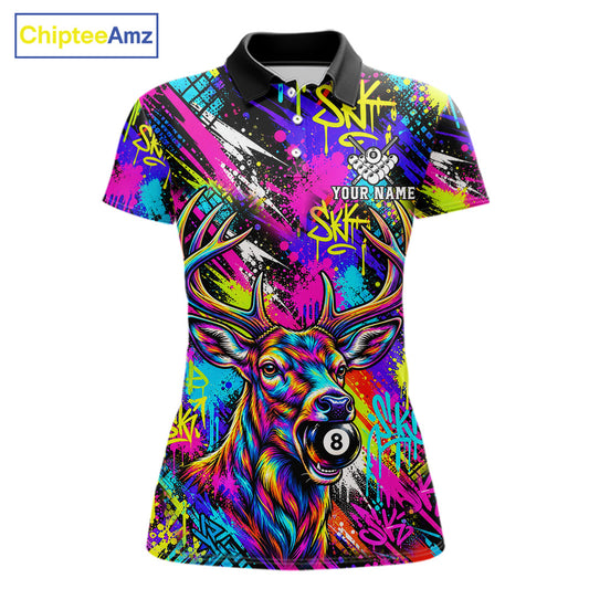 Custom Neon Graffiti Deer Funny Billiard Polo 1/4-Zip Shirt For Women Colorful 8 Ball Pool Team Jersey NYN4557
