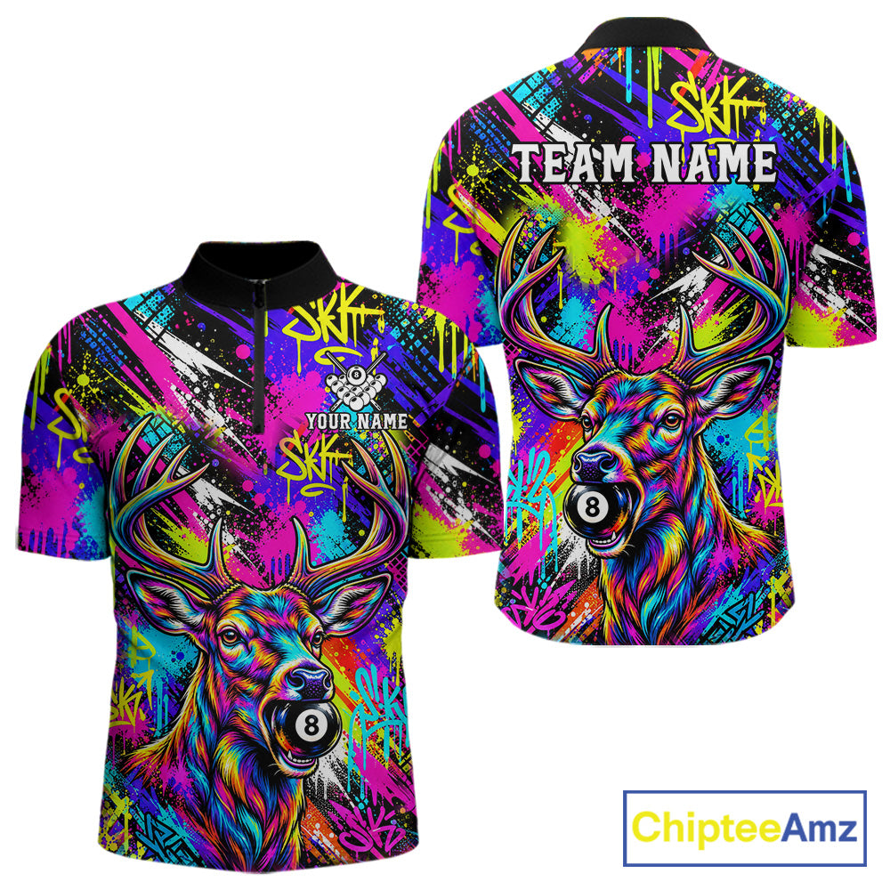 Custom Neon Graffiti Deer Funny Billiard Polo 1/4-Zip Shirt For Men Colorful 8 Ball Pool Team Jersey NYN4557