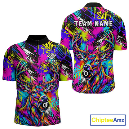 Custom Neon Graffiti Deer Funny Billiard Polo 1/4-Zip Shirt For Men Colorful 8 Ball Pool Team Jersey NYN4557