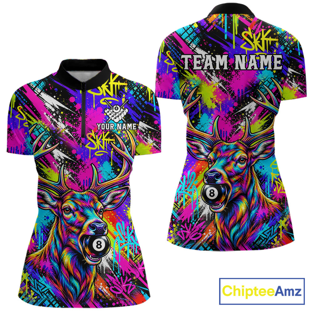 Custom Neon Graffiti Deer Funny Billiard Polo 1/4-Zip Shirt For Women Colorful 8 Ball Pool Team Jersey NYN4557