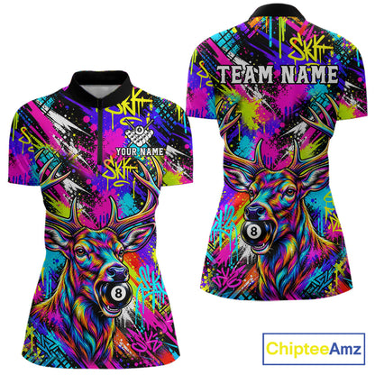 Custom Neon Graffiti Deer Funny Billiard Polo 1/4-Zip Shirt For Women Colorful 8 Ball Pool Team Jersey NYN4557