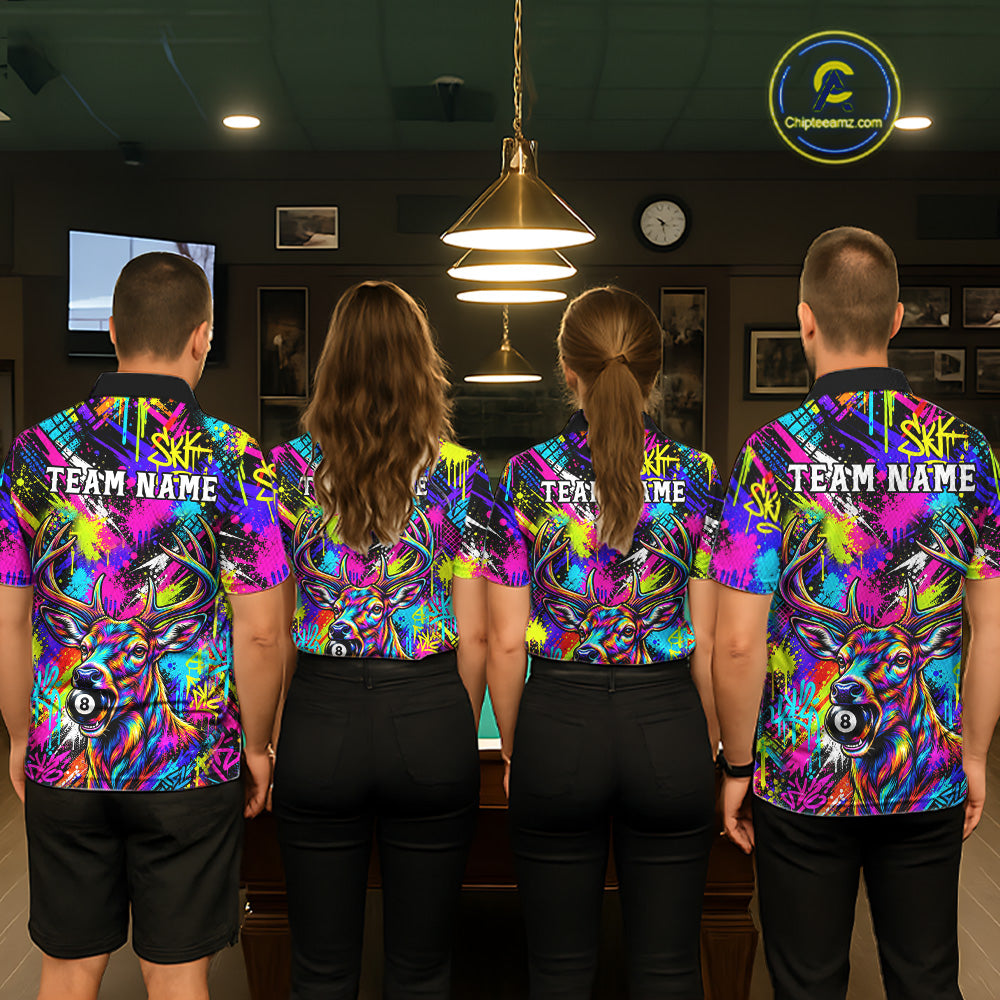 Custom Neon Graffiti Deer Funny Billiard Polo 1/4-Zip Shirt For Men Colorful 8 Ball Pool Team Jersey NYN4557