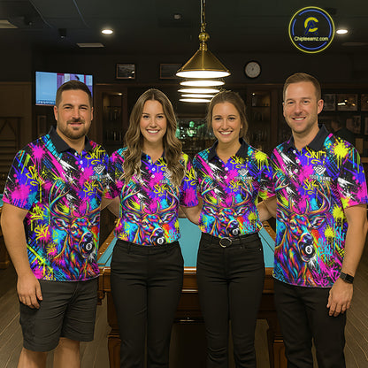 Custom Neon Graffiti Deer Funny Billiard Polo 1/4-Zip Shirt For Men Colorful 8 Ball Pool Team Jersey NYN4557