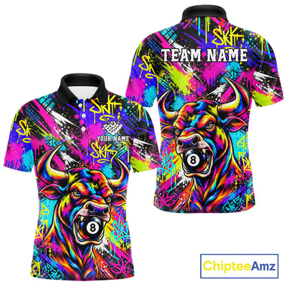 Custom Neon Graffiti Bull Funny Billiard Polo 1/4-Zip Shirt For Men Colorful 8 Ball Pool Team Jersey NYN4558