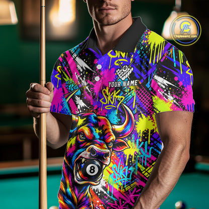 Custom Neon Graffiti Bull Funny Billiard Polo 1/4-Zip Shirt For Men Colorful 8 Ball Pool Team Jersey NYN4558